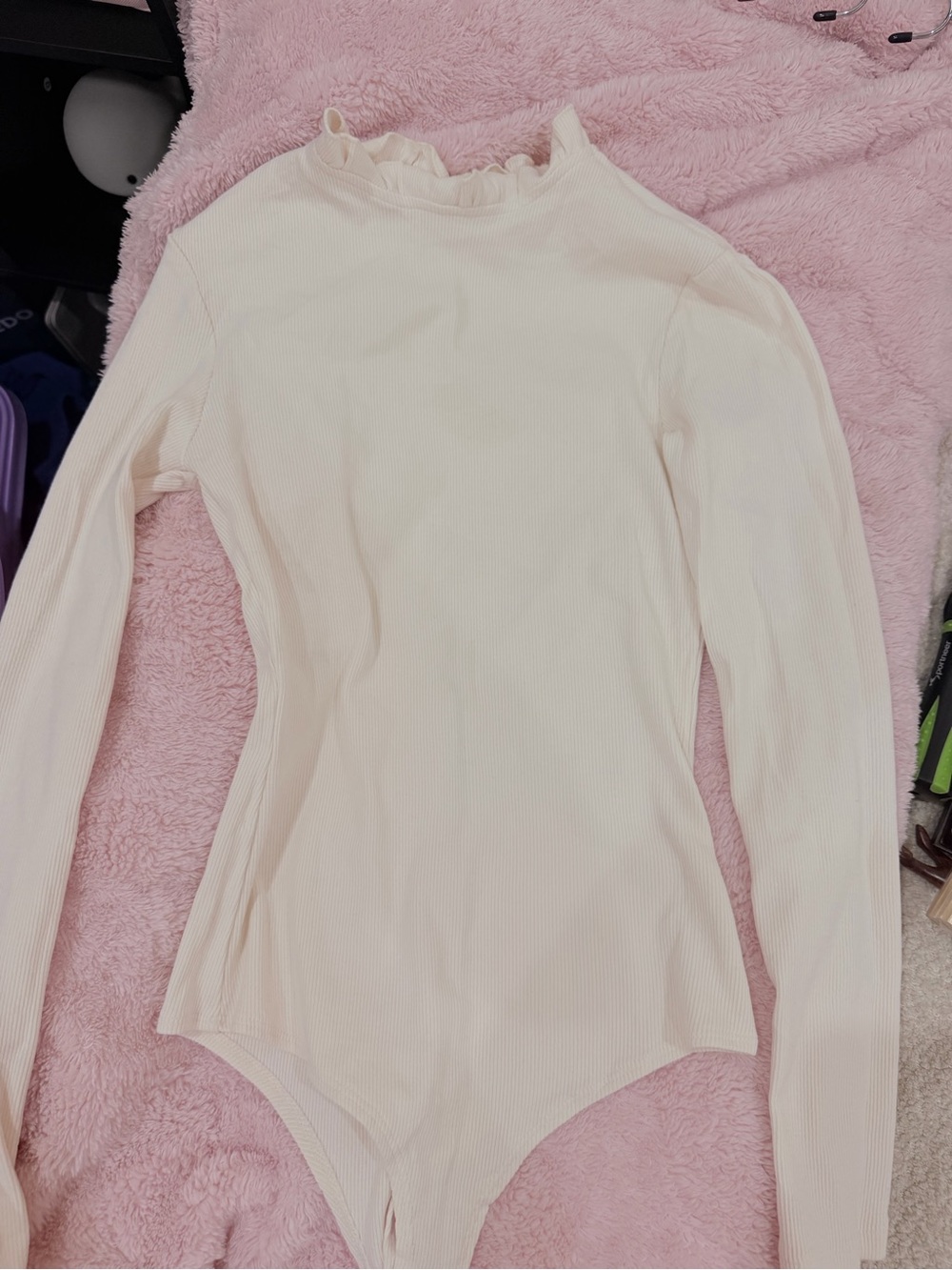 Long-Sleeve Cream Ribbed Mock Neck Bodysuit